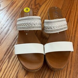 Italian Shoe Makers Silver Embellished Double Band Wedge Sandals Made In Italy 9